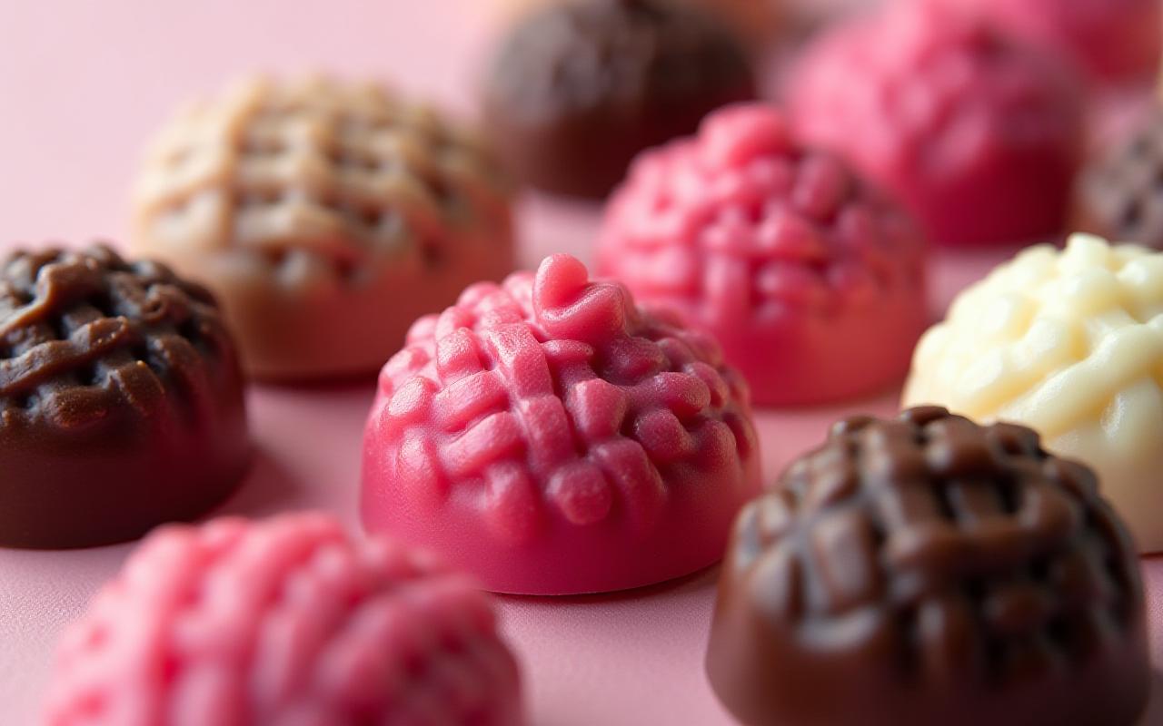 Close-up van geweven chocolade patronen en snoepjes in de vorm van knopen